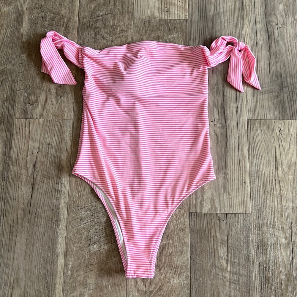 aerie Pink and White Striped Off the Shoulder One Piece.